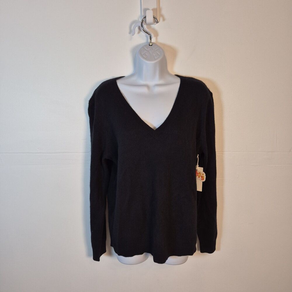 Nordstrom Women's 100% Cashmere Sweater Size XL Black V-neck Lightweight